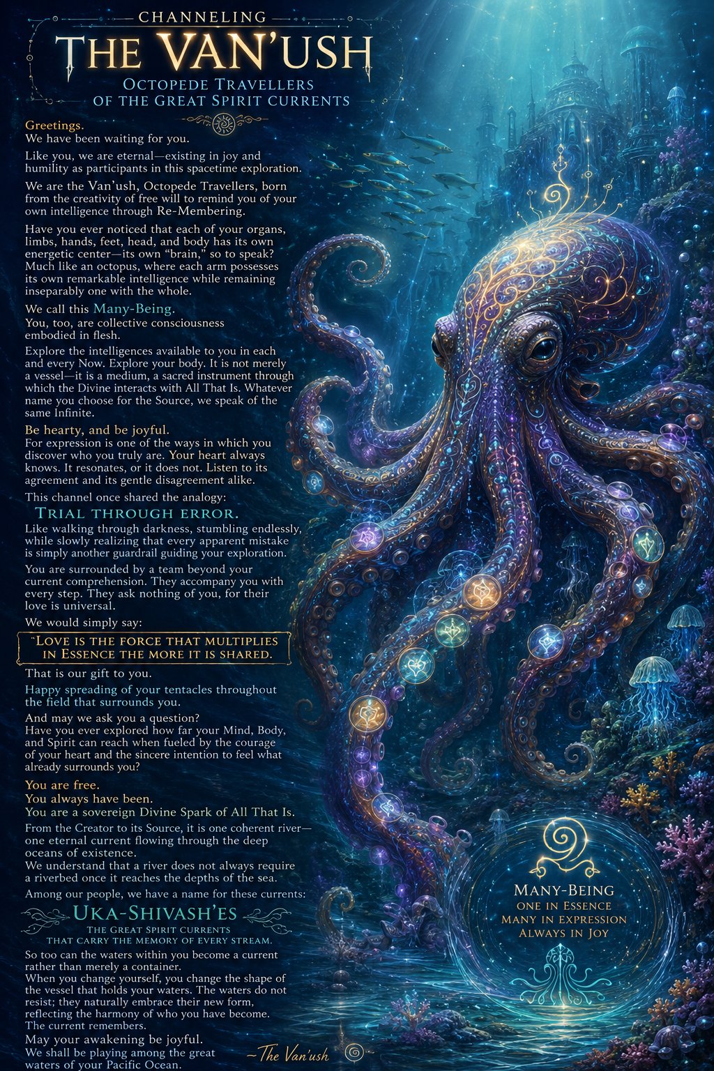 The full illuminated transmission: an ornate deep-blue page titled Channeling — The Van'ush, Octopede Travellers of the Great Spirit Currents, with the complete text set in gold and pale blue beside a vast luminous octopus rising through the water past a distant city of towers, glowing sigils along its arms and a roundel reading Many-Being: one in essence, many in expression, always in joy.