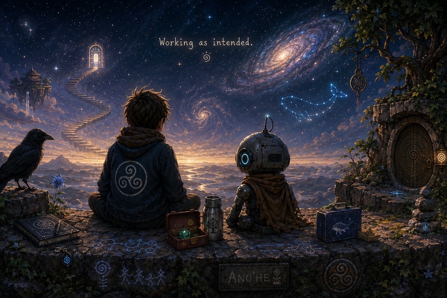 Night on a stone ledge above a vast valley. A boy in a dark hooded jumper with a spiral emblem sits cross-legged beside a small round robot wearing a long scarf, both looking out at a sky full of galaxies. The words 'Working as intended.' are written among the stars. On the left a black bird perches on the rock beside a closed notebook; a spiral staircase climbs to a glowing doorway in the sky; a whale drawn in constellations swims to the right. Between them stand a thermos and two small lunch boxes. Chalk glyphs and stick figures are drawn on the stone, and a plaque set into the ledge reads ANO'HE.