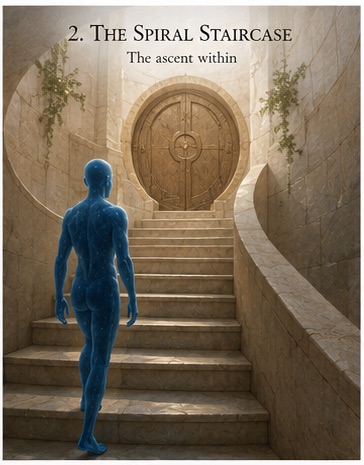 Plate two, titled The Spiral Staircase — the ascent within. The blue star-scattered figure climbs pale sandstone steps that curve upward around a wall hung with trailing green, toward a great circular door of carved stone at the top.