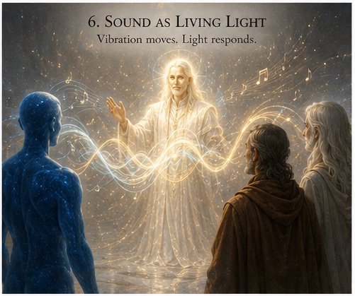 Plate six, titled Sound as Living Light — vibration moves, light responds. A radiant white-robed being stands with hands open as golden waveforms and scattered musical notes stream outward through the air toward a blue star-scattered figure and two listening companions.